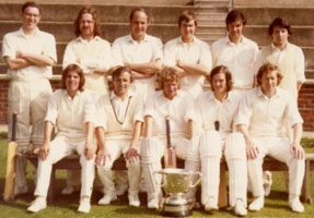 Photo 9  - Normanby Hall CC 1st Eleven - Winners of the Kerridge Cup 1972 - 
Back Left-Right: Gordon Middlemiss, Dave Cook, Eric Brown, David Brown, John Wheatley, Pat Corbett - 
Front: A. Jarvis, J Grainger, Ken Thwaites, Phil Darcy, Alan Glass (Professional)
