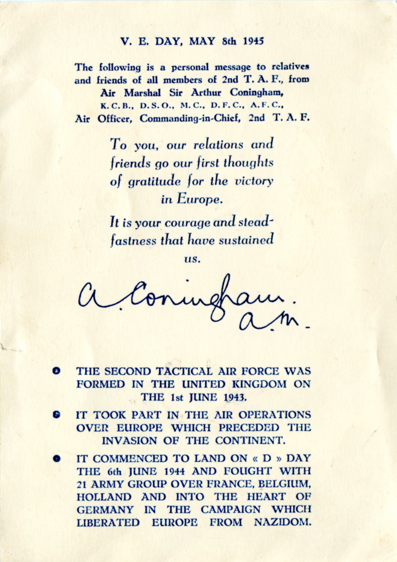 Message Card from Members of 2nd Tactical Air Force